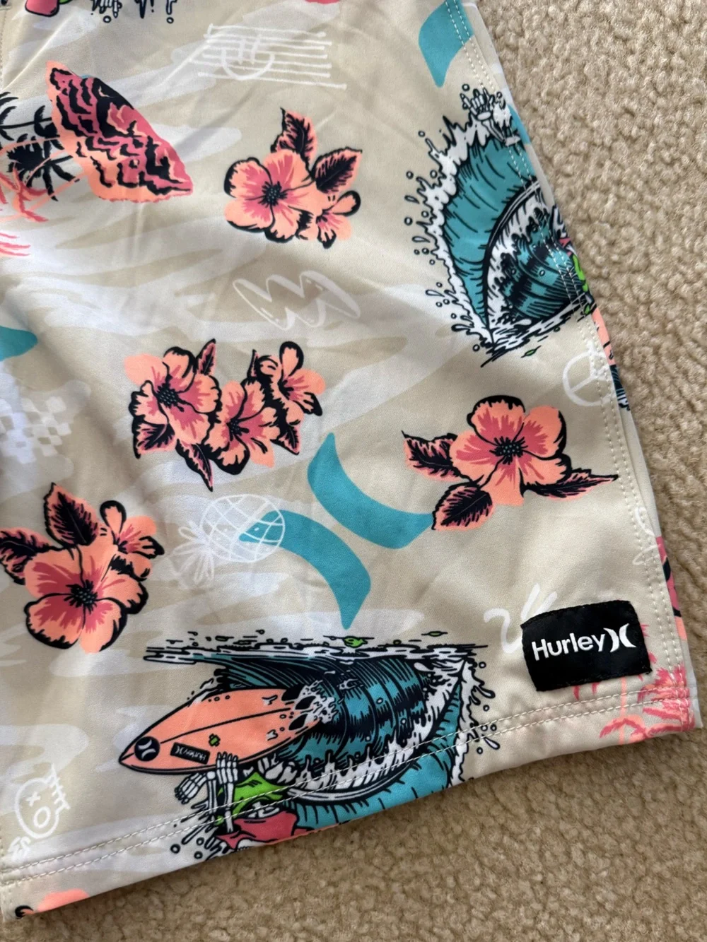 Hurley Boys Cream Boardshorts with Pink & Teal Floral Print